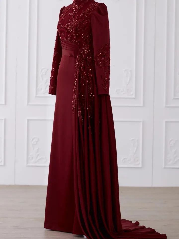 Tılsım Ahunare Burgundy Satin Wedding Dress, Muslim Evening Gown, Nikah, Islamic Wedding, Engagement, Bridesmaid, Maxi Dress