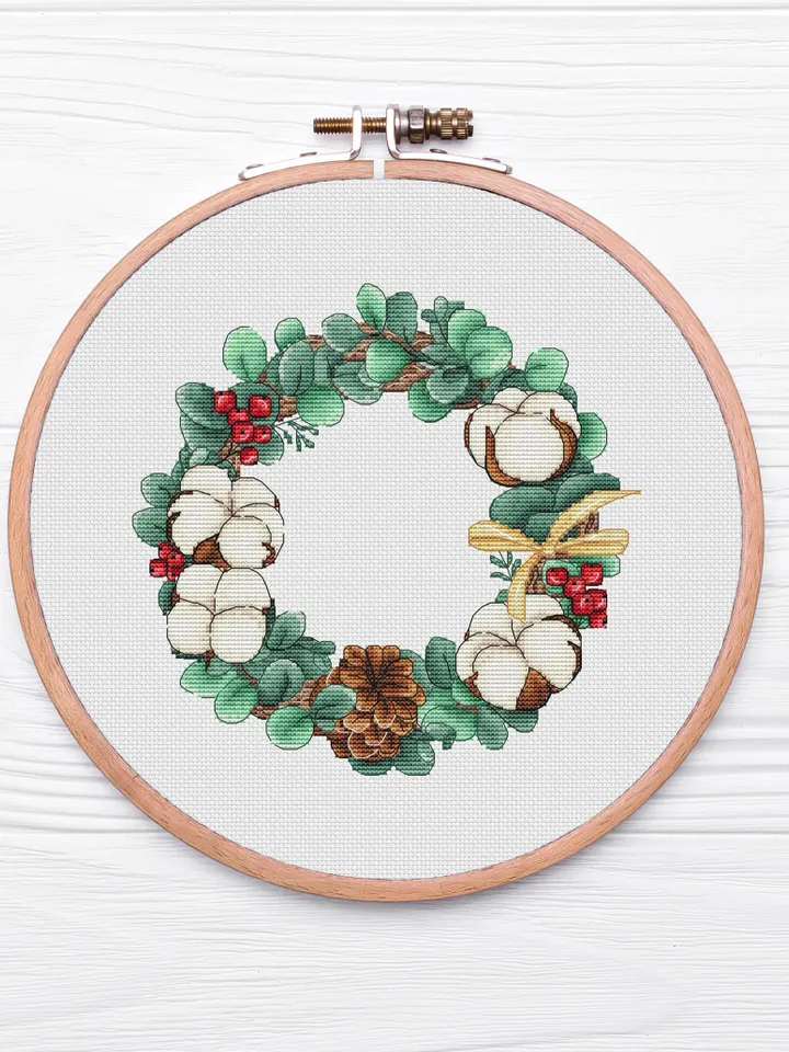 Christmas Wreath Cross Stitch Pattern PDF, Winter Cross Stitch Chart Instant Download, New Year Hand Embroidery Pattern
