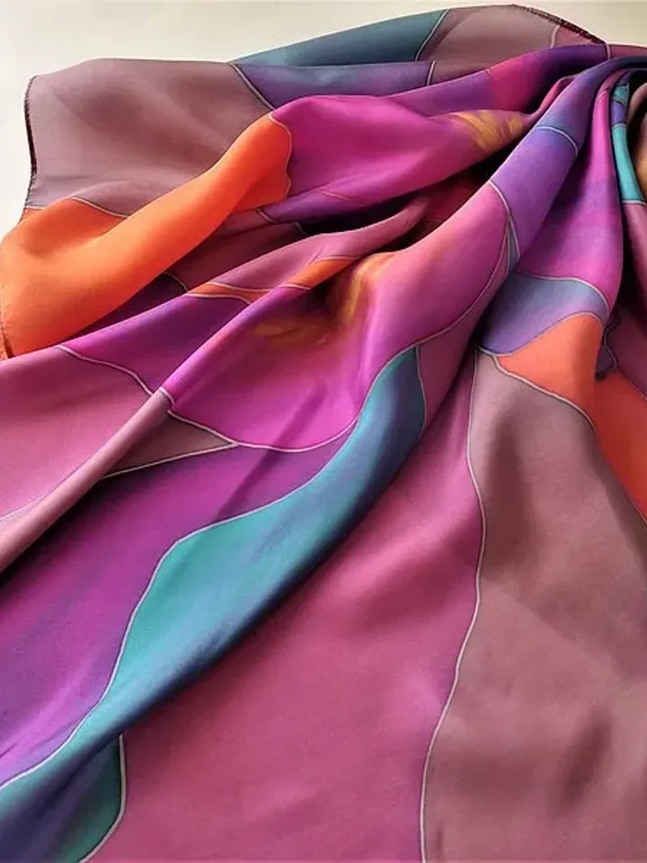 Bright square silk scarf Luxury hand painted silk scarf Floral silk head scarf