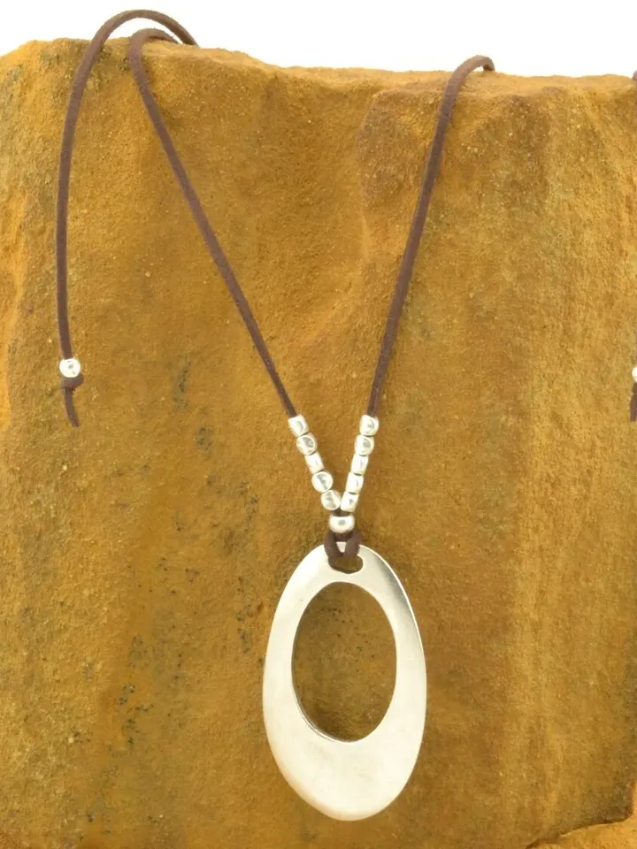 Silver or Gold OVAL PENDANT NECKLACE for Women, Bold Boho Suede Vegan Jewelry, Everyday Layering Statement, Large Open Oval Pendant