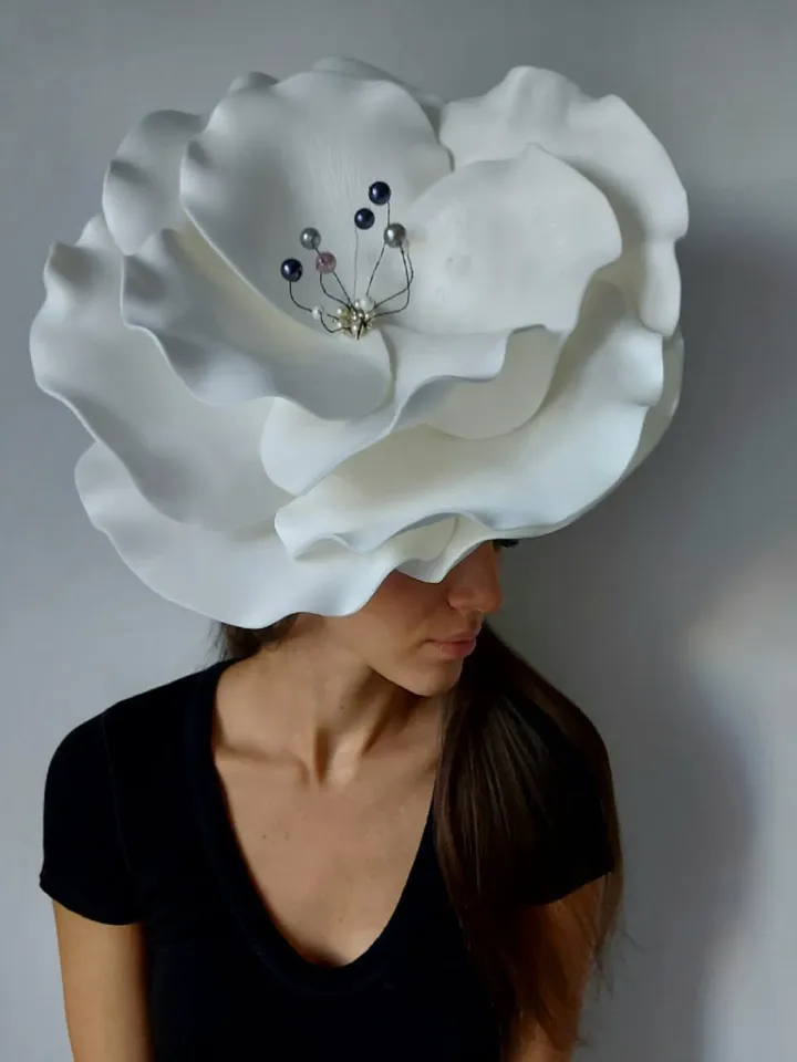 Large anemone fascinator with crystal beaded, Wedding flower hair clip, Women Derby hat, bloom headpiece, Ivory Bridal headgear