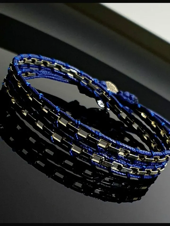 Solid Silver Chain Twisted Blue Bracelet, Adjustable Two Line Clingy Wristlet, Christmas Jewelry, Gift for Men and Women, Minimal Style