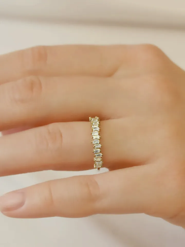 HALF ETERNITY RINGS | Dainty Eternity Moissanite Baguette Gold Plated Ring | White Gold Rings | Women Wedding Ring | Unique Gold Rings
