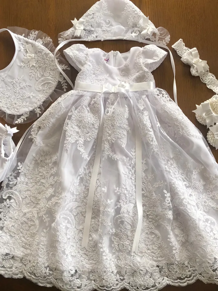 White dress with lace and sparkles, headband, bonnet, panties and shoes. Baptism outfit. Christening gown for baby girl.