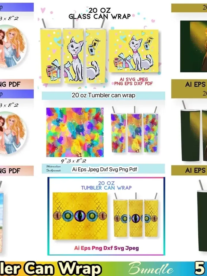 5 Designs Big Bundle 20 oz Tumbler Can Wrap patterns all tumbler 2023 sublimation Frida Birthday Cat Girls Fashion Watercolor Dragon Fantasy