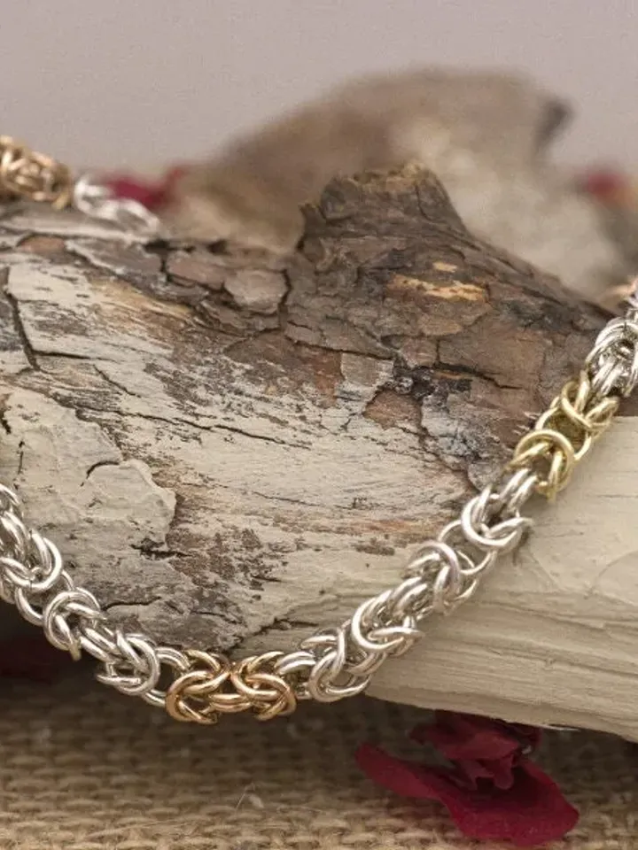 Sterling Silver With 14K Red and Yellow Gold Byzantine Bracelet