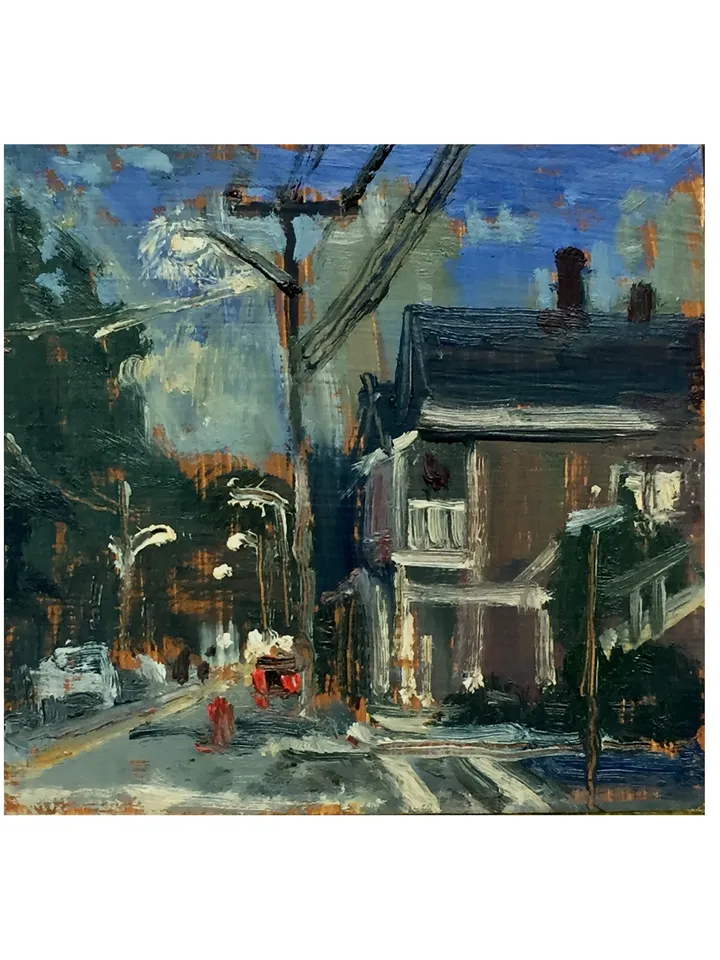 Small Night Scene Landscape Painting -American Nocturne- 4x4 Oil on Panel, Plein Air Impressionist Signed Original Berkshires Fine Art