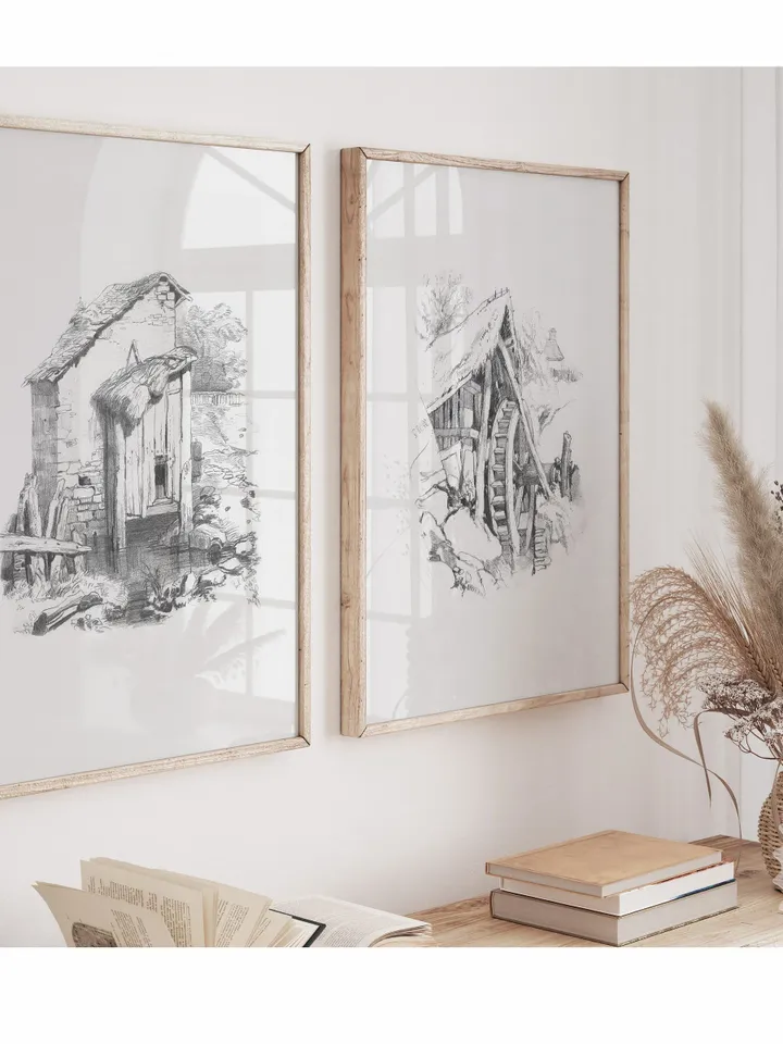 Old Barn Sketches, Vintage Art set of 2 Prints, Farmhouse Wall Art, Printable Decor, Digital Download | 121 S2