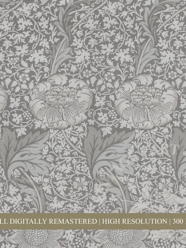 William Morris Fabric Wall Art Set of 2 Prints, Muted Gray Textile Floral Ornament, PRINTABLE Vintage Wall Decor | 296 S2