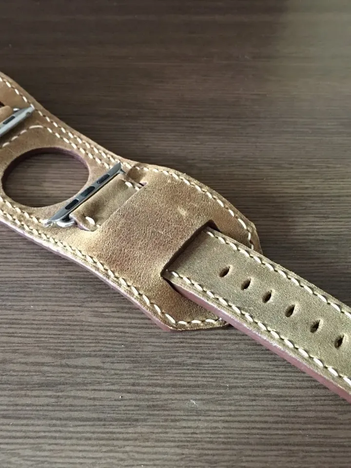 Apple Watch Cuff Band, Series 7 Apple Watch Band 45mm, Beige Genuine Leather Watch Straps for iWatch Series 6 44mm, Smart Watch Accessories
