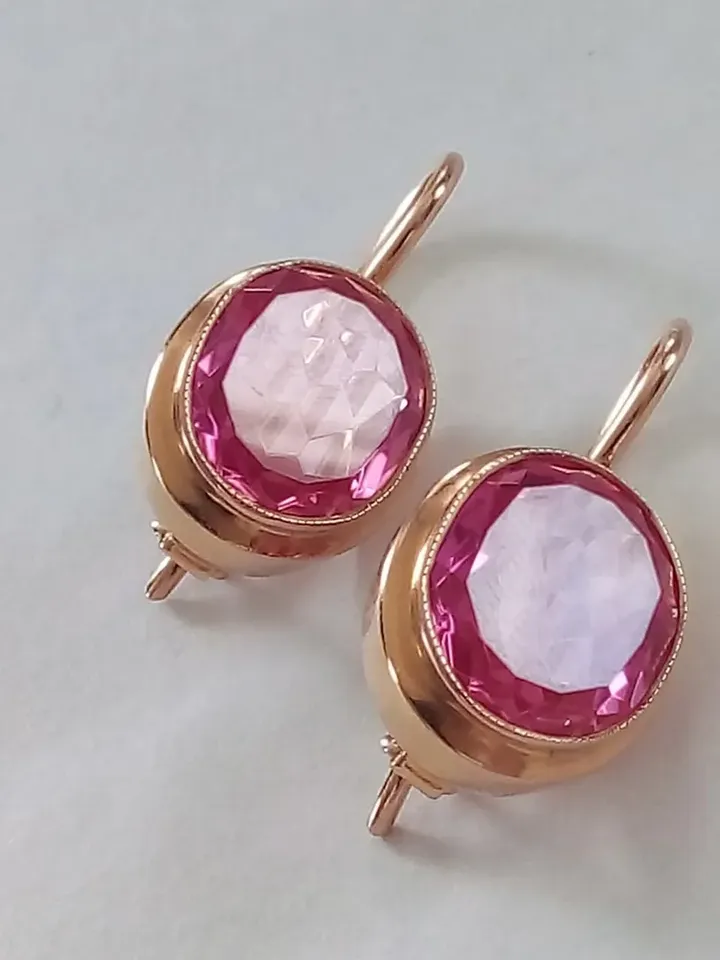 Rare Original 14K Earrings Rose Stone "Honeycomb" cut USSR 583 Rose Gold Soviet Retro Russian Women's jewelry Vintage