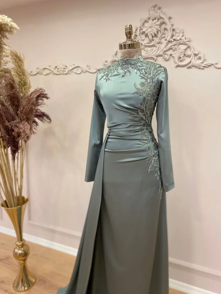 Eda Mint Satin Embroidered Side-Tailed Ahunare Wedding Dress, Muslim Evening Gown, Islamic Wedding, Engagement, Bridesmaid, Maxi Dress