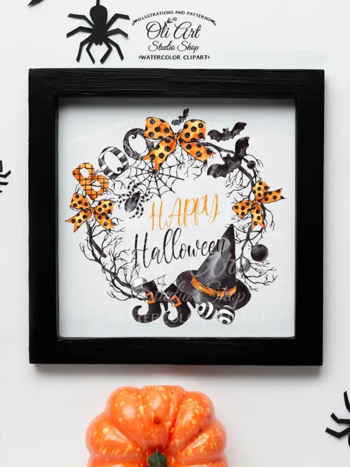 Happy Halloween Wreath, Pumpkin, Witch Hat. Hand painted clipart. Sublimation Png, Design Digital Download