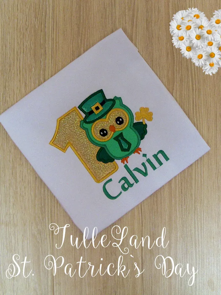 St_Patrick's Day Owl Green Hat with Shamrock Patrick's Boy Applique Design for Machine Embroidery