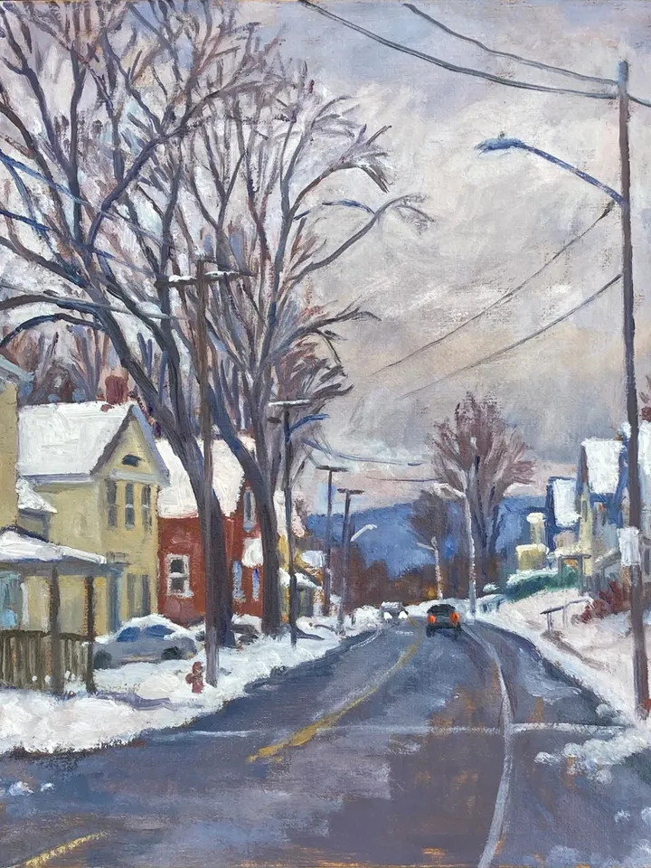 14x14 Winter Landscape Painting - After the Storm/Berkshires - Oil on linen, Impressionist Snow Scene, Signed Original American Fine Art