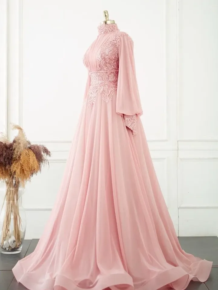 AHUNARE HIJAB - Neva Powder Pink Embroidered Wedding Dress, Muslim Evening Gown, Nikah, Islamic Wedding, Engagement, Bridesmaid,