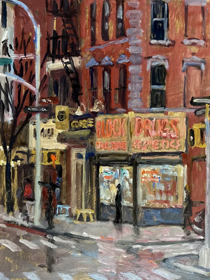 8x10 New York City Night Scene Painting - Block Drugs/NYC Nocturne- Oil on Panel, Urban Impressionism,Signed Original East Village Cityscape