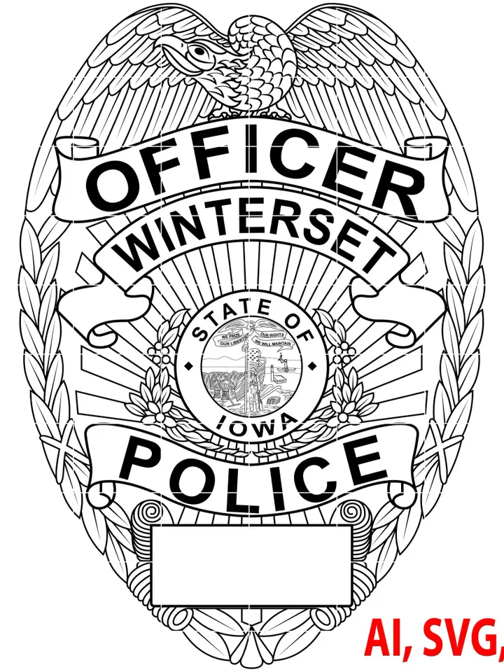 Police Badge, Winterset Police Officer Badge, Logo, Seal, Custom, Ai, Vector, SVG, DXF, PNG, Digital
