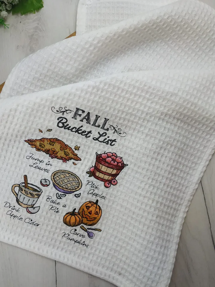 Fall waffle towel "Fall Bucket list", embroidered kitchen towels, kitchen towels with hanging loop, hanging dish towel