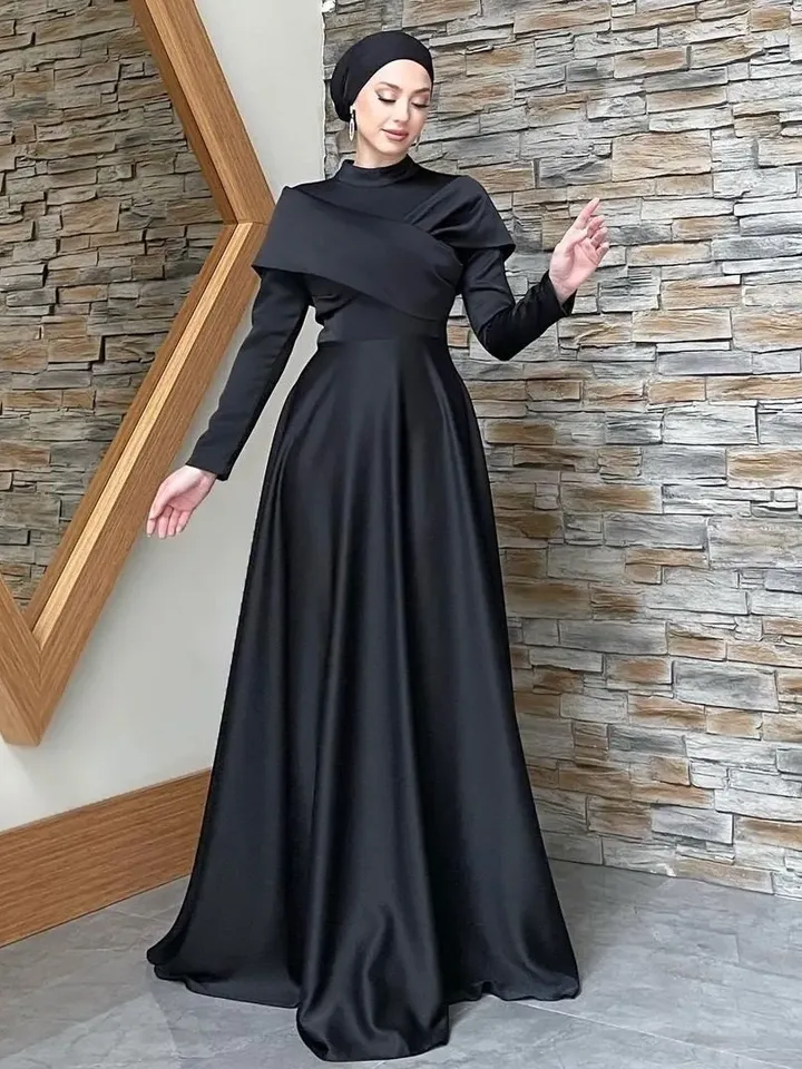 Helen Saten Black Satin Ahunare Wedding Dress, Muslim Evening Gown, Nikah, Islamic Wedding, Engagement, Bridesmaid, Maxi Dress