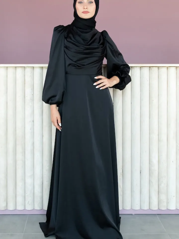 AHUNARE HIJAB - Selvi Dress, Satin Dress, Black Color, Muslim Evening Dress, Nikah, Wedding, Engagement, Bridesmaid, ,