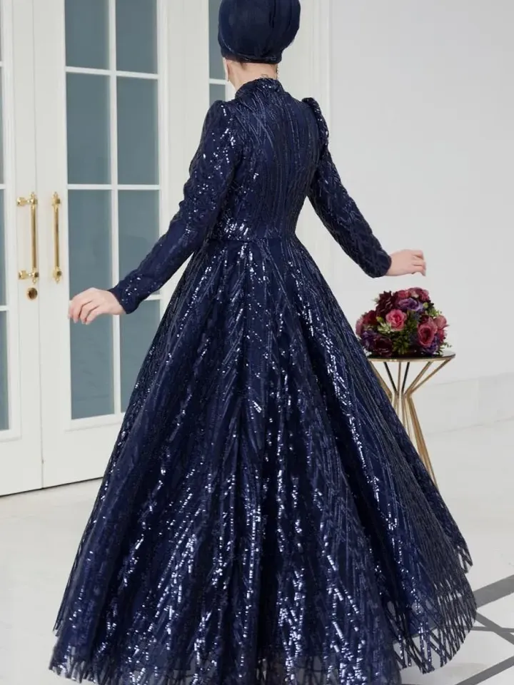 AHUNARE HIJAB - Prenses Navy Blue Embroidered Wedding Dress, Muslim Evening Gown, Nikah, Islamic Wedding, Engagement, Bridesmaid,