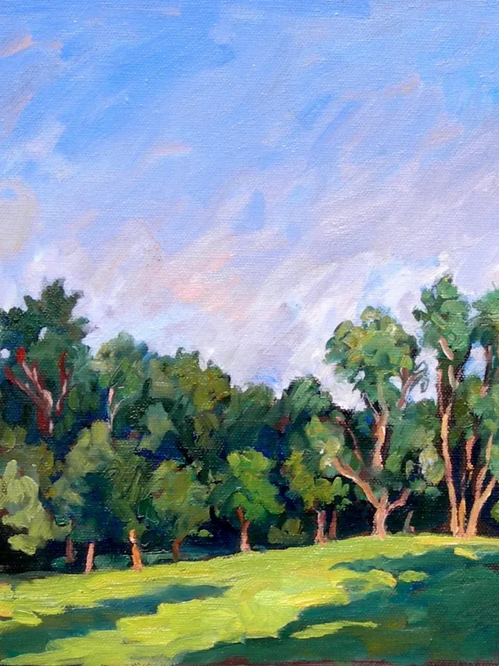 Tanglewood Landscape Painting - From Ozawa Hall/Tree Line - 10x10 Oil on Canvas, Plein Air Impressionist Fine Art, Signed Original