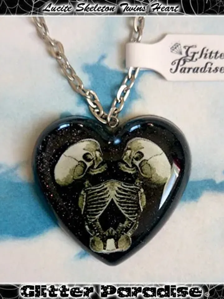 Siamese Skeleton Heart - Necklace - Skull - Baby Skeleton Twins - Black Heart - Cute & Dead - Freaks - Bones - Gothic - Glitter Paradise®
