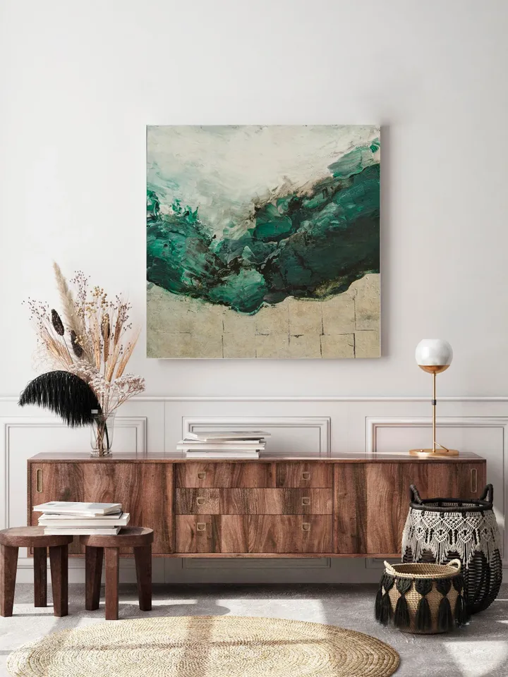 Dark Green Wall Art, Abstract Painting on canvas, Large Abstract Wall Art, Emerald Abstract Art Canvas for Living Room Decor