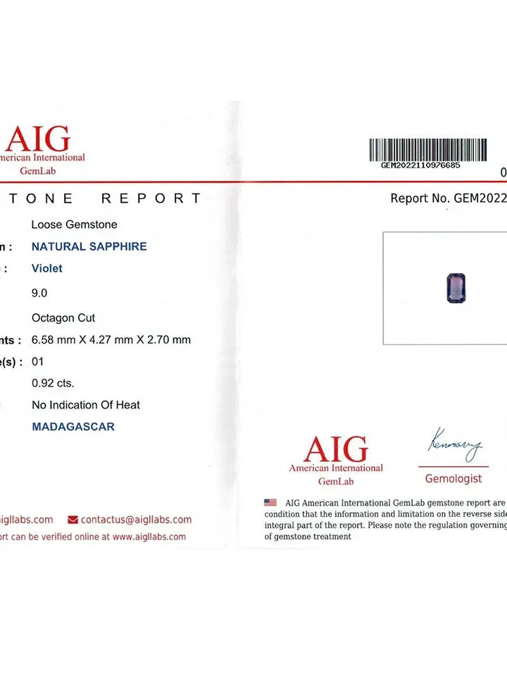 0.92 CT AIG Certified Stunning Unheated 100% Natural Violet Sapphire Madagascar