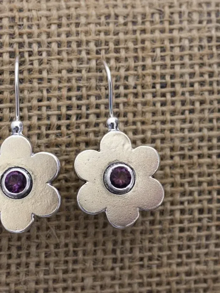 Sterling Silver Dangle Flower Earrings with Amethysts