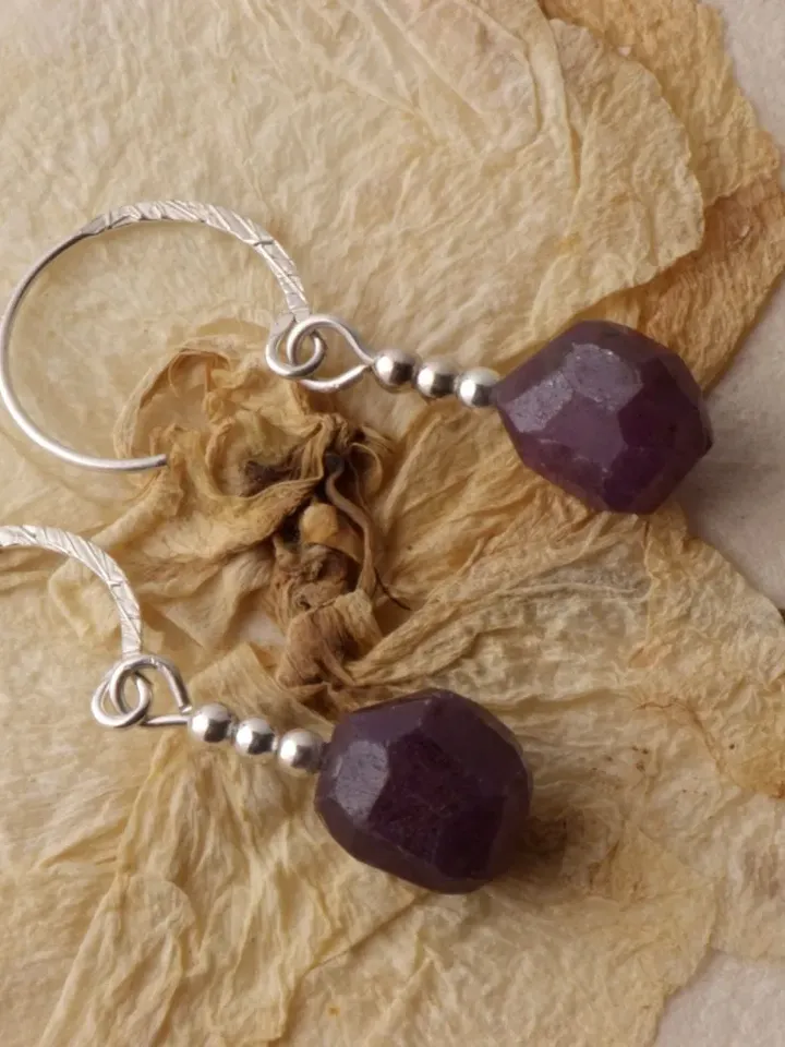 Textured Sterling Silver Hoop Earrings with Raw Afghan Rubies