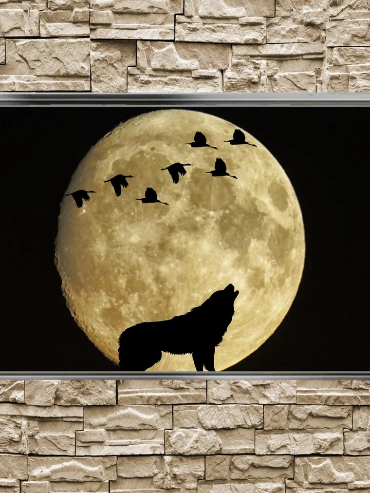 Fullmoon & Wolf Print on Canvas , Floating Frame Option, Modern Wall Art, Extra Large Canvas Wall Art