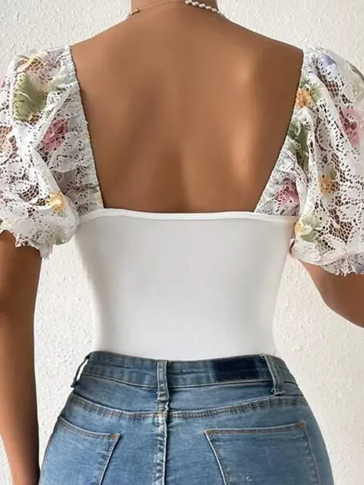 Sexy Floral Lace Sweetheart Neck Puff Sleeve Backless Skinny Bodysuit Top Tee Blouse