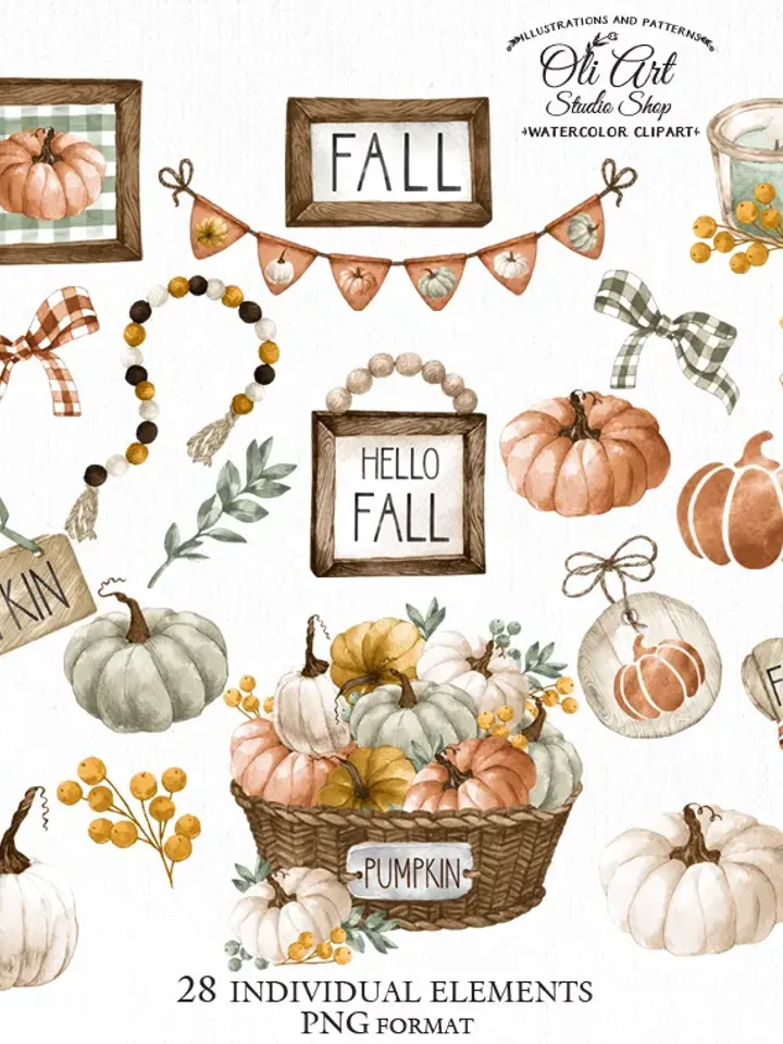 Fall decor clipart design, pumpkins, autumn, png file, hand drawn graphics