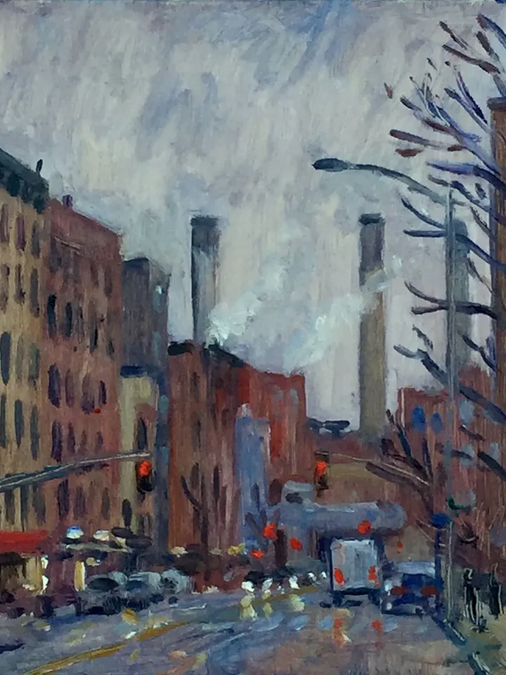 Original New York Cityscape Painting -Twilight/Avenue D/NYC- 7x7 Oil on Panel, Impressionist Landscape, Signed Original American Fine Art