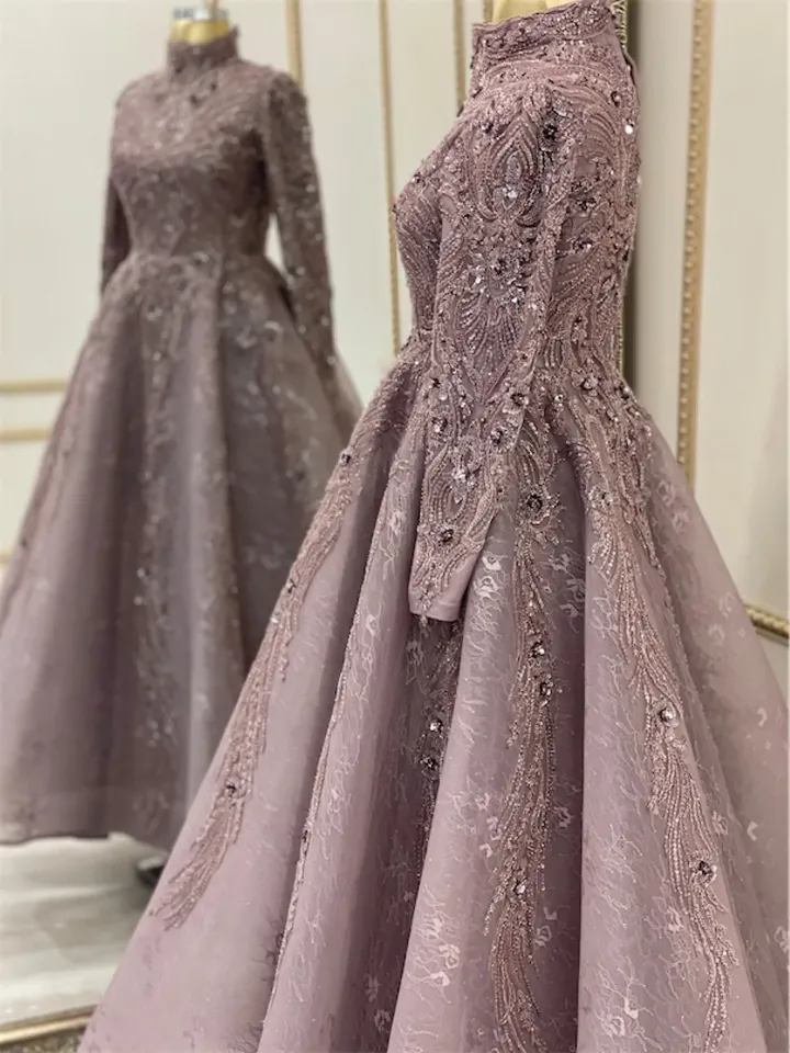 AHUNARE HIJAB - Lal Lilac Embroidered Wedding Dress, Muslim Evening Gown, Nikah, Islamic Wedding, Engagement, Bridesmaid,