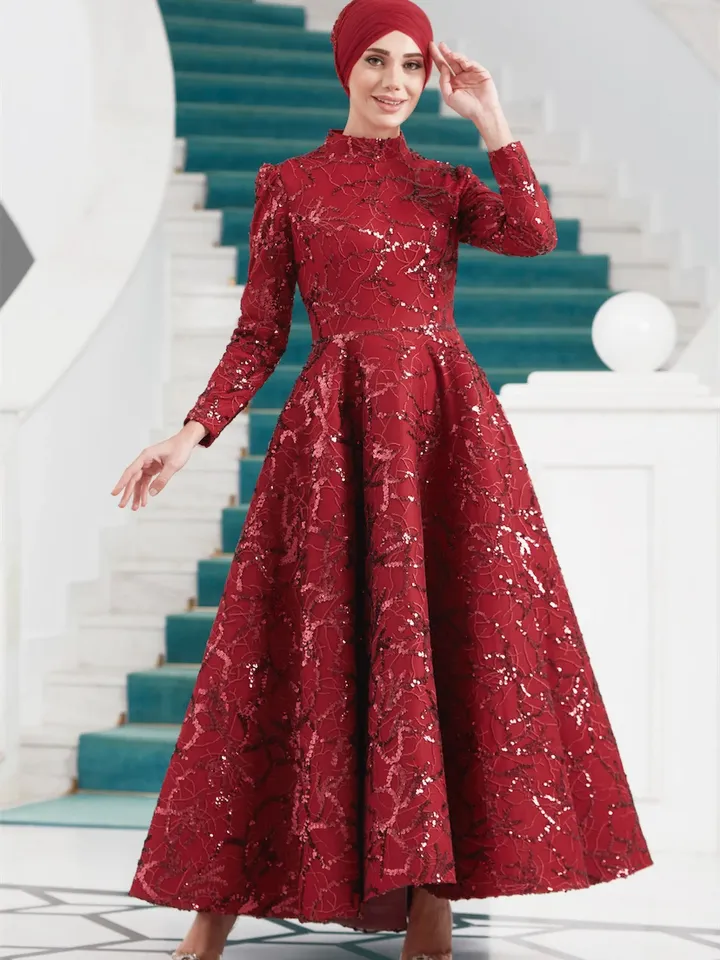 AHUNARE HIJAB - Salkım Burgundy Embroidered Wedding Dress, Muslim Evening Gown, Nikah, Islamic Wedding, Engagement, Bridesmaid,