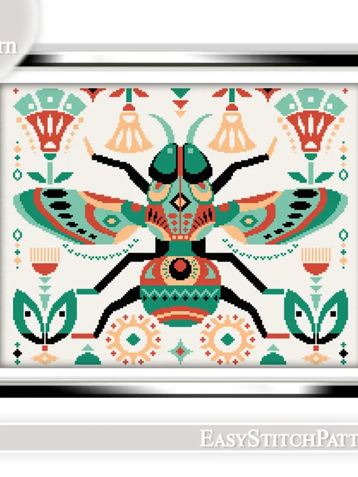 Fly Cross Stitch Pattern. Folk cross stitch. Insects cross stitch. Scandinavian cross stitch.