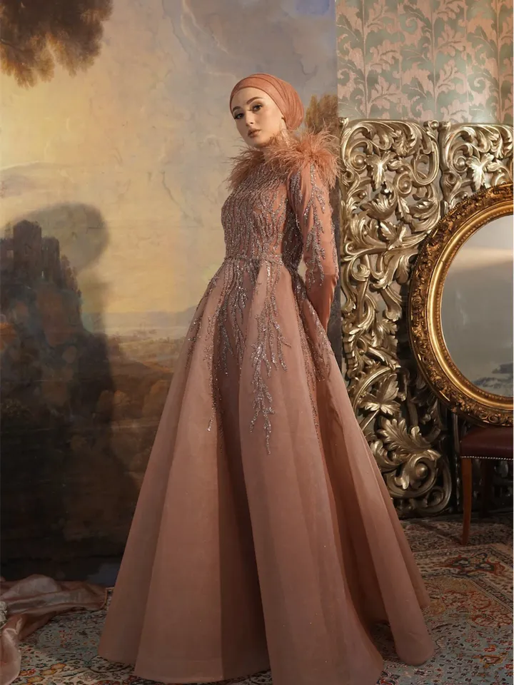 AHUNARE HIJAB - Diamond Copper Embroidered Wedding Dress, Muslim Evening Gown, Nikah, Islamic Wedding, Engagement, Bridesmaid,