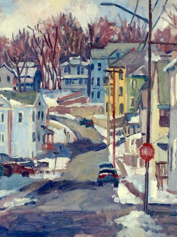 10x10 Winter Landscape Painting - Snowy Street/North Adams - Oil on Panel, Plein Air Impressionist Snow Scene, Signed Original