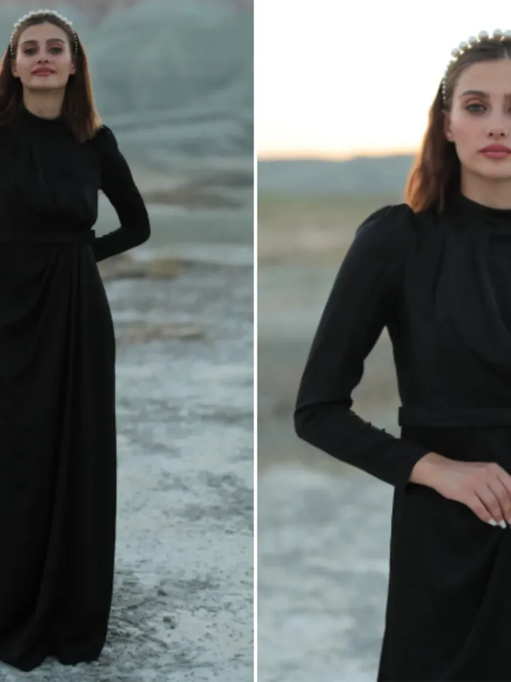 AHUNARE HIJAB - Irem Dress, Satin Dress, Black Color, Muslim Evening Dress, Nikah, Wedding, Engagement, Bridesmaid, ,