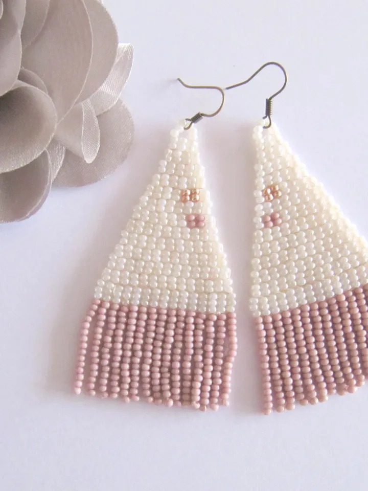 White Pastel, Beaded Earrings, Fringe Earrings, Statement Abstract, Chandelier Boho Handwoven Earrings, Gift for woman, christmas gift