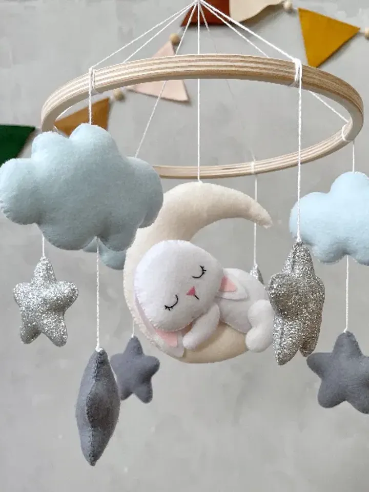 Bunny baby mobile boy blue, Bunny crib mobile boy, Woodland cot mobile baby boy bunny
