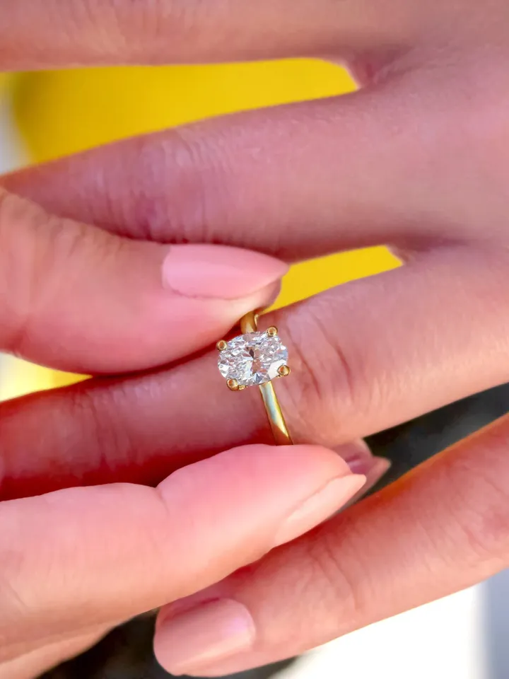 OVAL SOLITAIRE RING | 1.5 Ct Oval Cut Moissanite Diamond Ring | Halo Engagement Ring | Real diamond 14k Gold Ring Band | Oval Wedding Ring