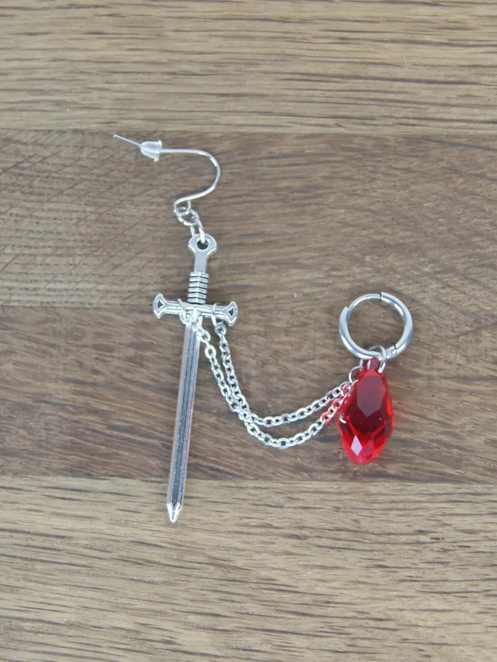 Single sword earring with red crystal Double piercing anime earring with chain Goth sword earring transforming