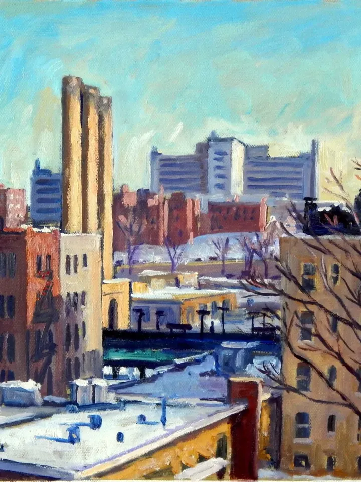 Original New York Cityscape Painting - Cool Snow/NYC- 11x14 Oil on Canvas, American Realist Snowy Winter Landscape, Signed Original Fine Art
