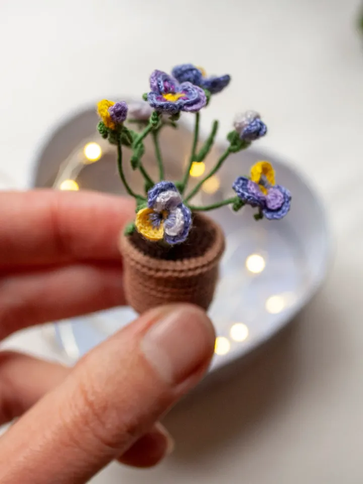 Beautiful miniature PANSY in a pot, Tiny Pansy for Fairy Flower Garden, Purple yellow Pansies crocheted flower