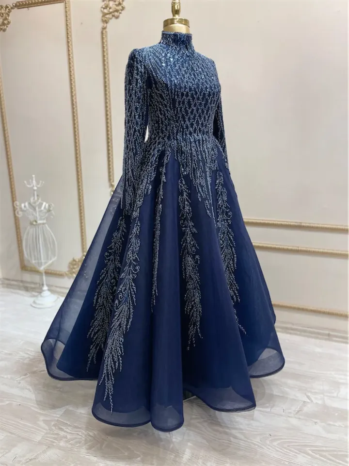 AHUNARE HIJAB - Şirin  Navy Blue Embroidered  Wedding Dress, Muslim Evening Gown, Nikah, Islamic Wedding, Engagement, Bridesmaid,