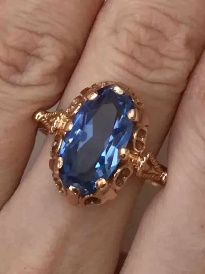 Elegant Vintage 14K Ring USSR 583 Rose Gold with star sapphire corundum stone Soviet Retro Russian Women's jewelry gift for woman